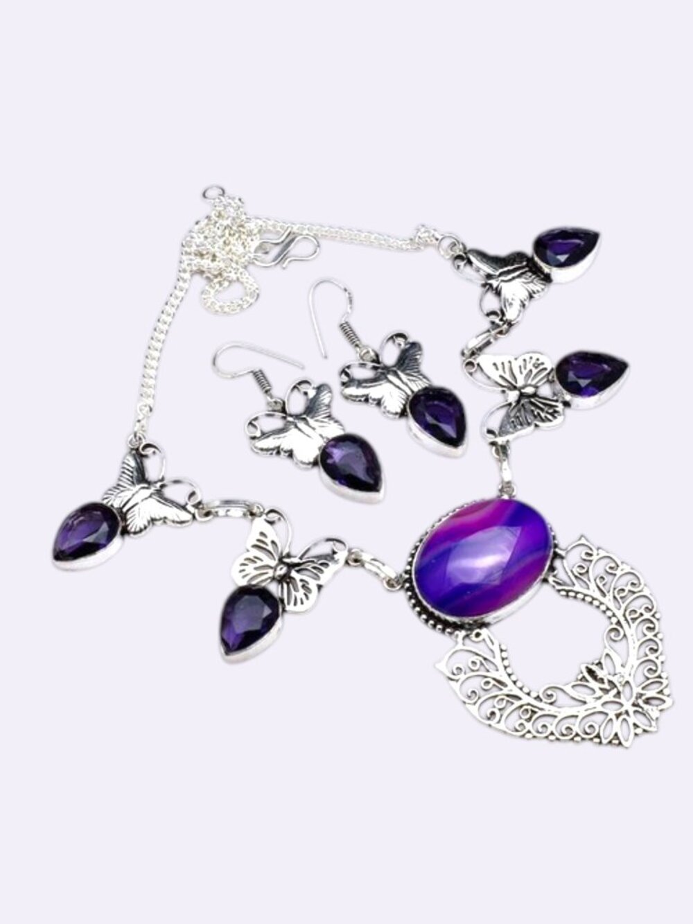 Botswana Agate Amethyst Handmade Necklace and Earring Set 41 Grams